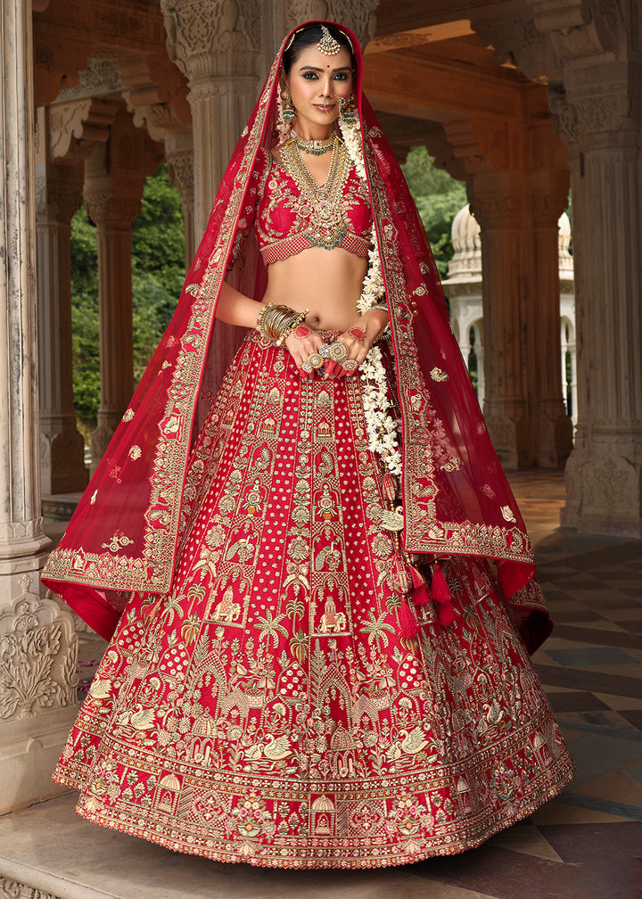 Buy Now Khatli Embroidered Red Silk Bridal Lehenga Choli Online in US, UK, Canada, France, Italy, Germany, Sweden, Denmark, Greece & Worldwide at Empress