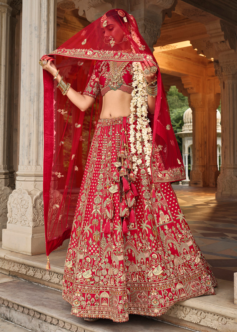 Buy Now Khatli Embroidered Red Silk Bridal Lehenga Choli Online in US, UK, Canada, France, Italy, Germany, Sweden, Denmark, Greece & Worldwide at Empress