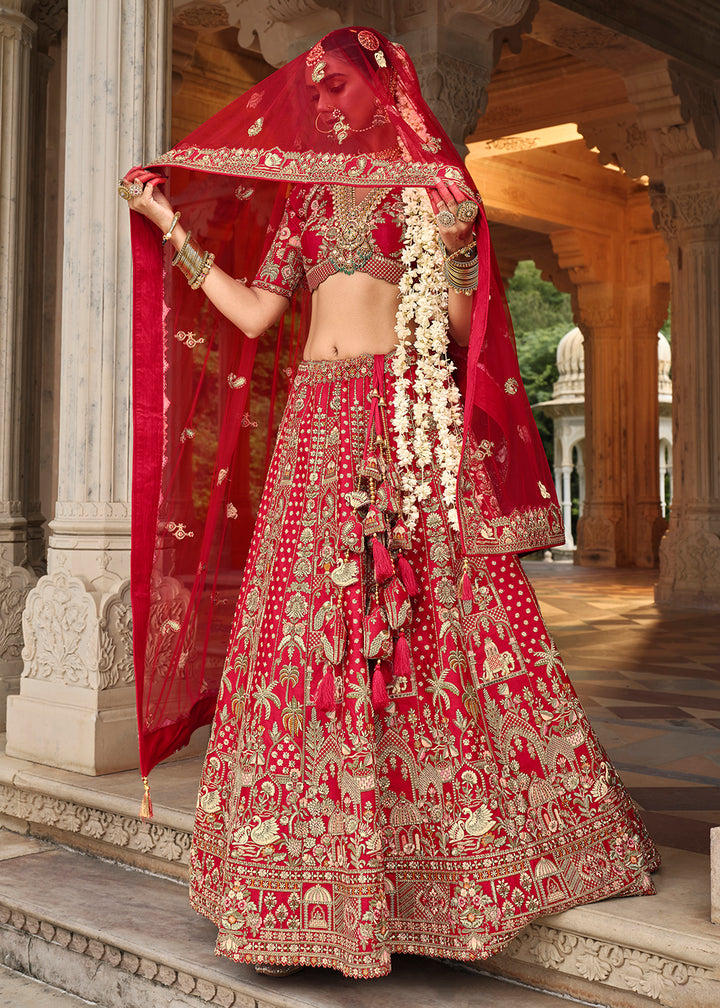 Buy Now Khatli Embroidered Red Silk Bridal Lehenga Choli Online in US, UK, Canada, France, Italy, Germany, Sweden, Denmark, Greece & Worldwide at Empress