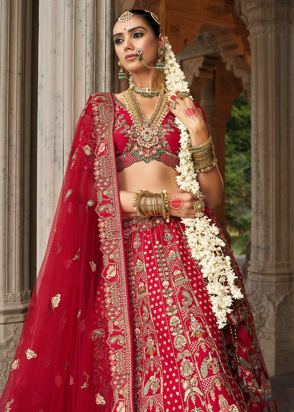 Buy Now Khatli Embroidered Red Silk Bridal Lehenga Choli Online in US, UK, Canada, France, Italy, Germany, Sweden, Denmark, Greece & Worldwide at Empress