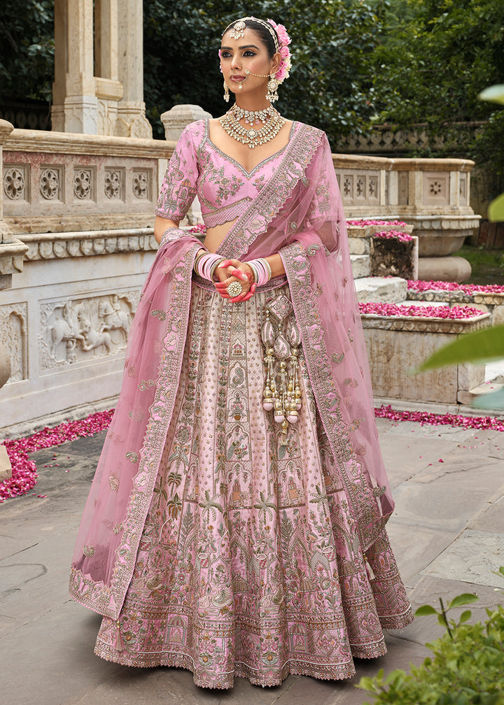 Buy Now Khatli Embroidered Blush Pink Silk Bridal Lehenga Choli Online in US, UK, Canada, France, Italy, Germany, Sweden, Denmark, Greece & Worldwide at Empress
