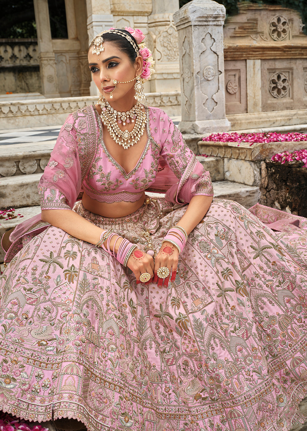 Buy Now Khatli Embroidered Blush Pink Silk Bridal Lehenga Choli Online in US, UK, Canada, France, Italy, Germany, Sweden, Denmark, Greece & Worldwide at Empress