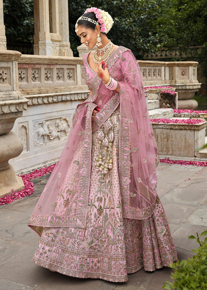 Buy Now Khatli Embroidered Blush Pink Silk Bridal Lehenga Choli Online in US, UK, Canada, France, Italy, Germany, Sweden, Denmark, Greece & Worldwide at Empress