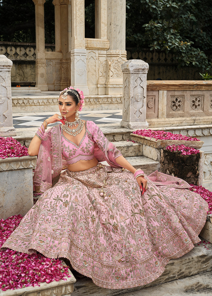 Buy Now Khatli Embroidered Blush Pink Silk Bridal Lehenga Choli Online in US, UK, Canada, France, Italy, Germany, Sweden, Denmark, Greece & Worldwide at Empress