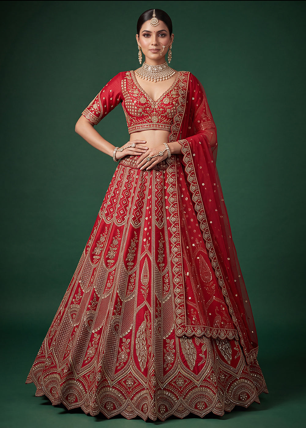 Buy Now Bridal Red Heavy Embroidered Designer Style Lehenga Choli Online in US, UK, Canada, France, Italy, Germany, Sweden, Denmark, UAE &amp; Worldwide at Empress.