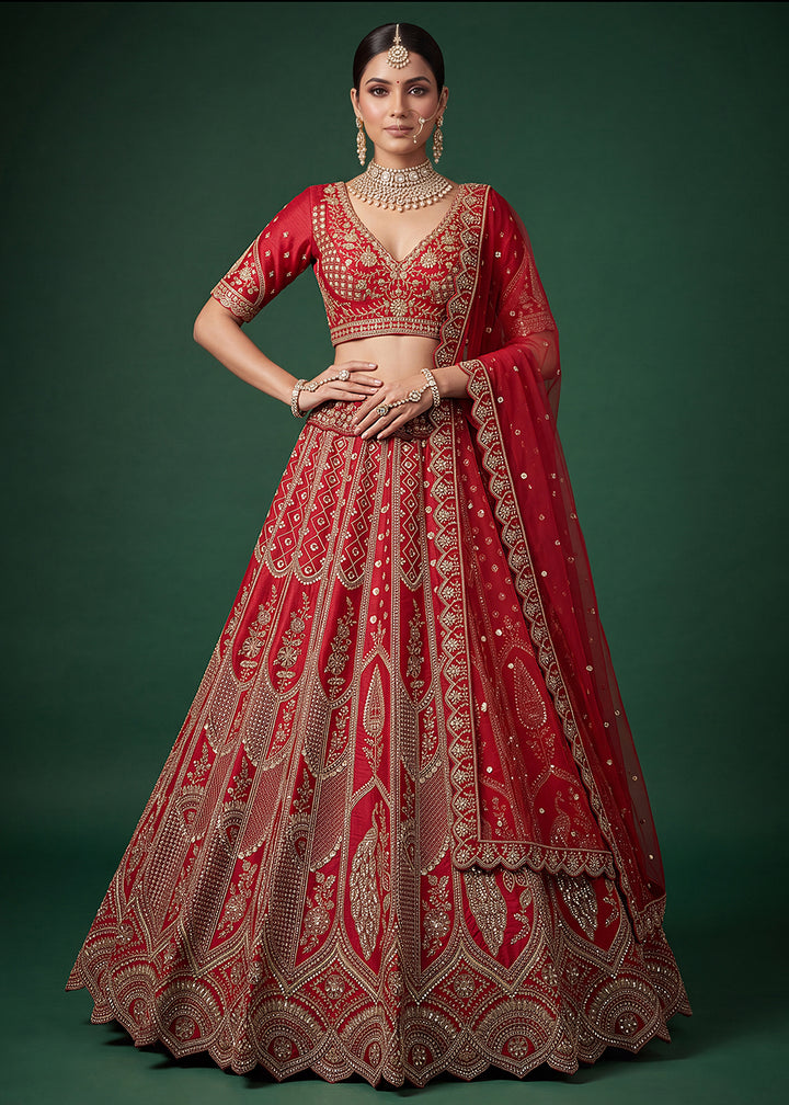 Buy Now Bridal Red Heavy Embroidered Designer Style Lehenga Choli Online in US, UK, Canada, France, Italy, Germany, Sweden, Denmark, UAE &amp; Worldwide at Empress.