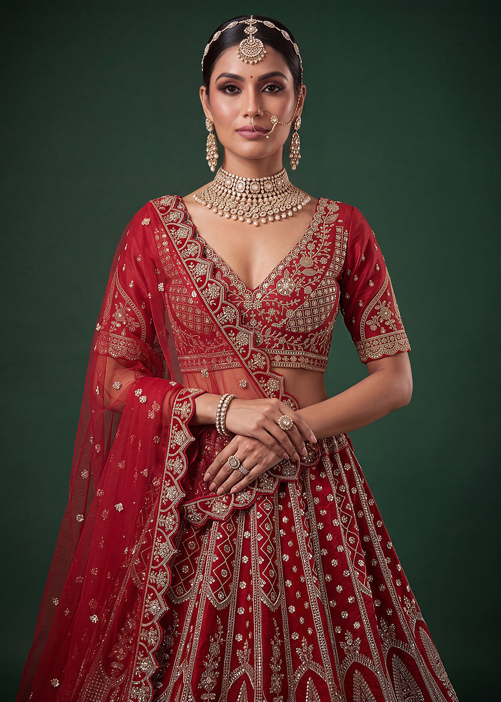Buy Now Bridal Red Heavy Embroidered Designer Style Lehenga Choli Online in US, UK, Canada, France, Italy, Germany, Sweden, Denmark, UAE &amp; Worldwide at Empress.