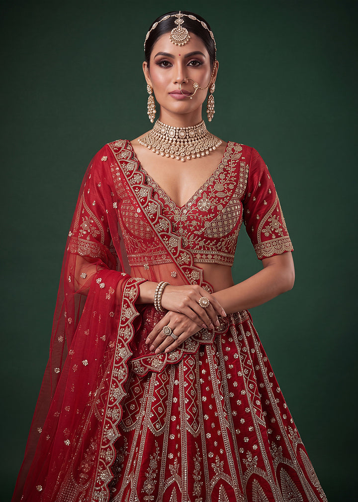 Buy Now Bridal Red Heavy Embroidered Designer Style Lehenga Choli Online in US, UK, Canada, France, Italy, Germany, Sweden, Denmark, UAE &amp; Worldwide at Empress.