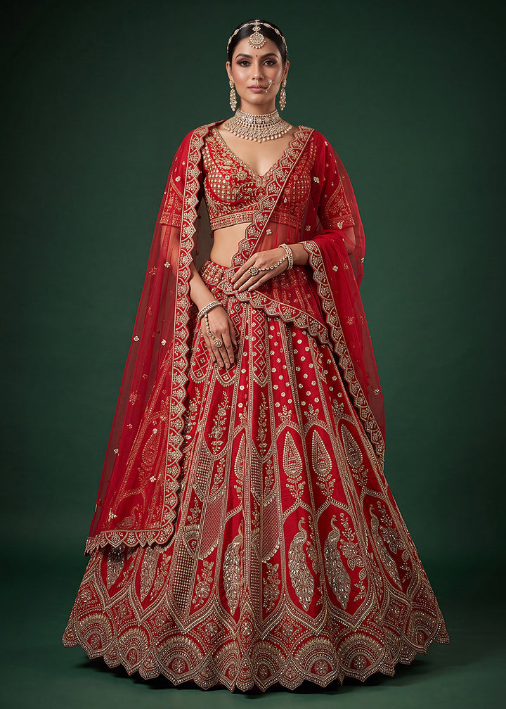 Buy Now Bridal Red Heavy Embroidered Designer Style Lehenga Choli Online in US, UK, Canada, France, Italy, Germany, Sweden, Denmark, UAE &amp; Worldwide at Empress.