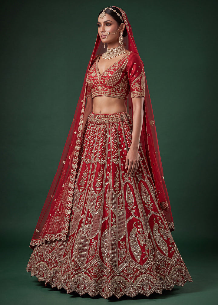 Buy Now Bridal Red Heavy Embroidered Designer Style Lehenga Choli Online in US, UK, Canada, France, Italy, Germany, Sweden, Denmark, UAE &amp; Worldwide at Empress.
