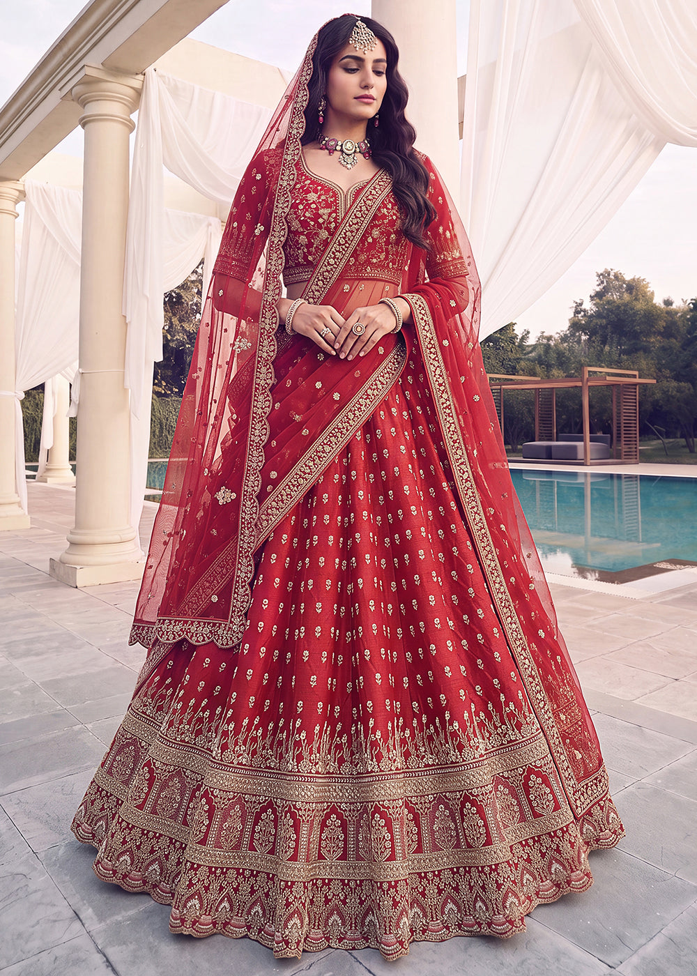 Buy Now Rani Red Bridal Zari Embroidered Designer Lehenga Choli Online in US, UK, Canada, France, Italy, Germany, Sweden, Denmark, UAE & Worldwide at Empress.