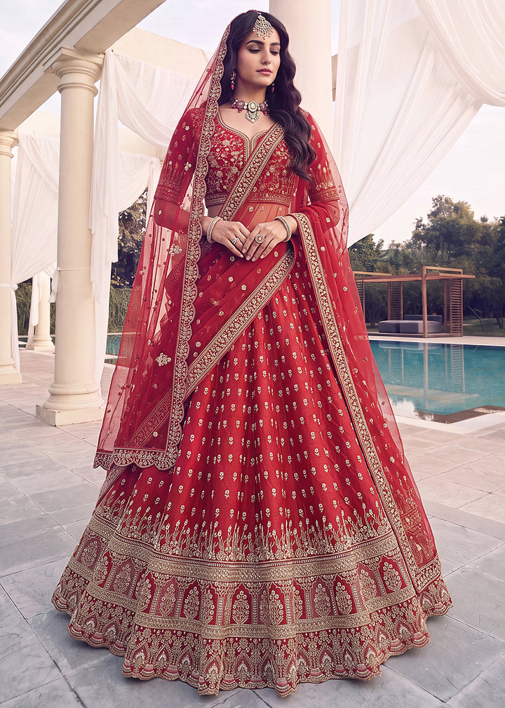 Buy Now Rani Red Bridal Zari Embroidered Designer Lehenga Choli Online in US, UK, Canada, France, Italy, Germany, Sweden, Denmark, UAE &amp; Worldwide at Empress.