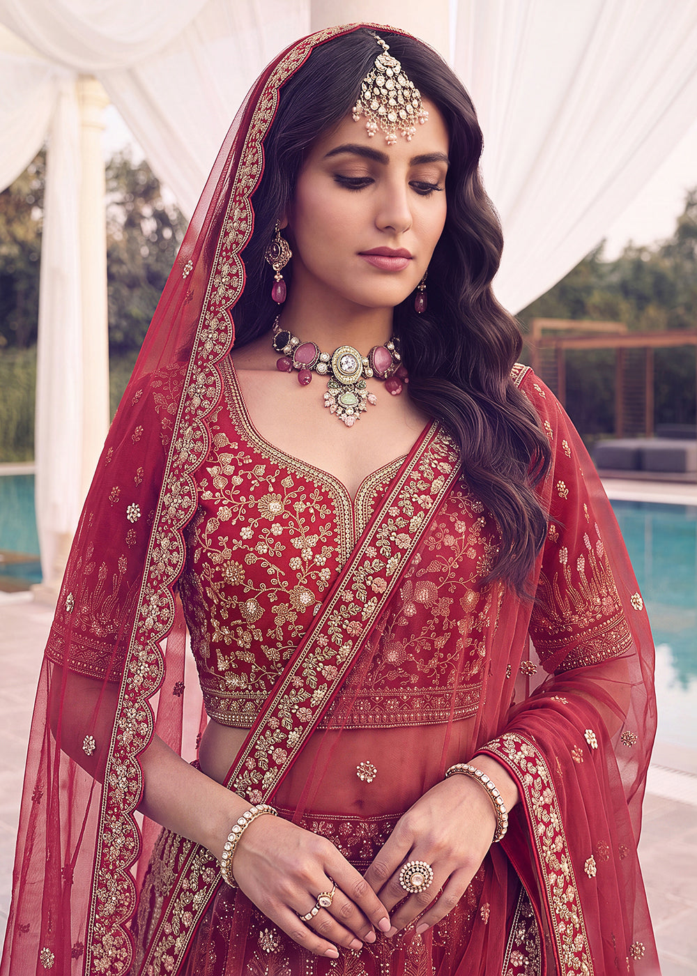 Buy Now Rani Red Bridal Zari Embroidered Designer Lehenga Choli Online in US, UK, Canada, France, Italy, Germany, Sweden, Denmark, UAE & Worldwide at Empress.
