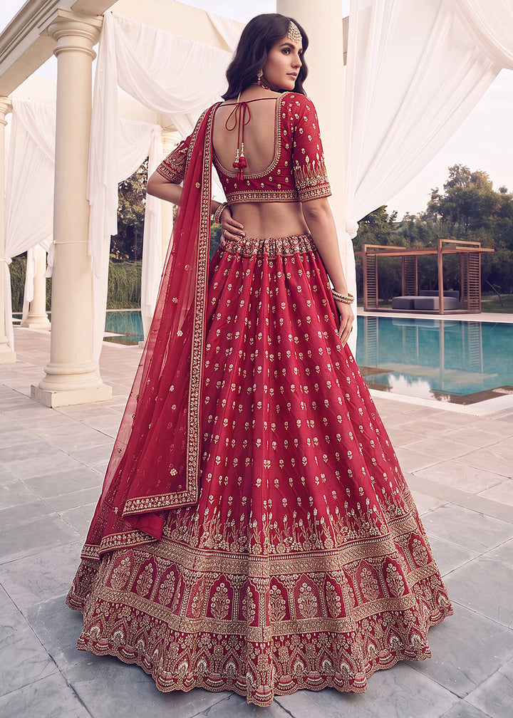 Buy Now Rani Red Bridal Zari Embroidered Designer Lehenga Choli Online in US, UK, Canada, France, Italy, Germany, Sweden, Denmark, UAE &amp; Worldwide at Empress.