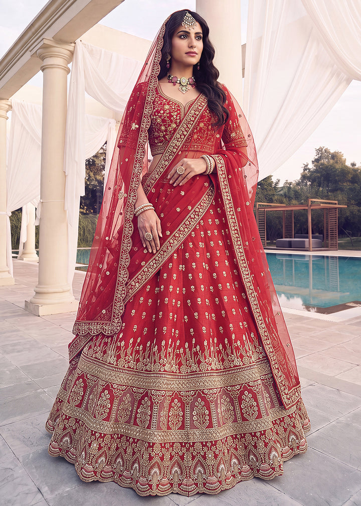 Buy Now Rani Red Bridal Zari Embroidered Designer Lehenga Choli Online in US, UK, Canada, France, Italy, Germany, Sweden, Denmark, UAE &amp; Worldwide at Empress.