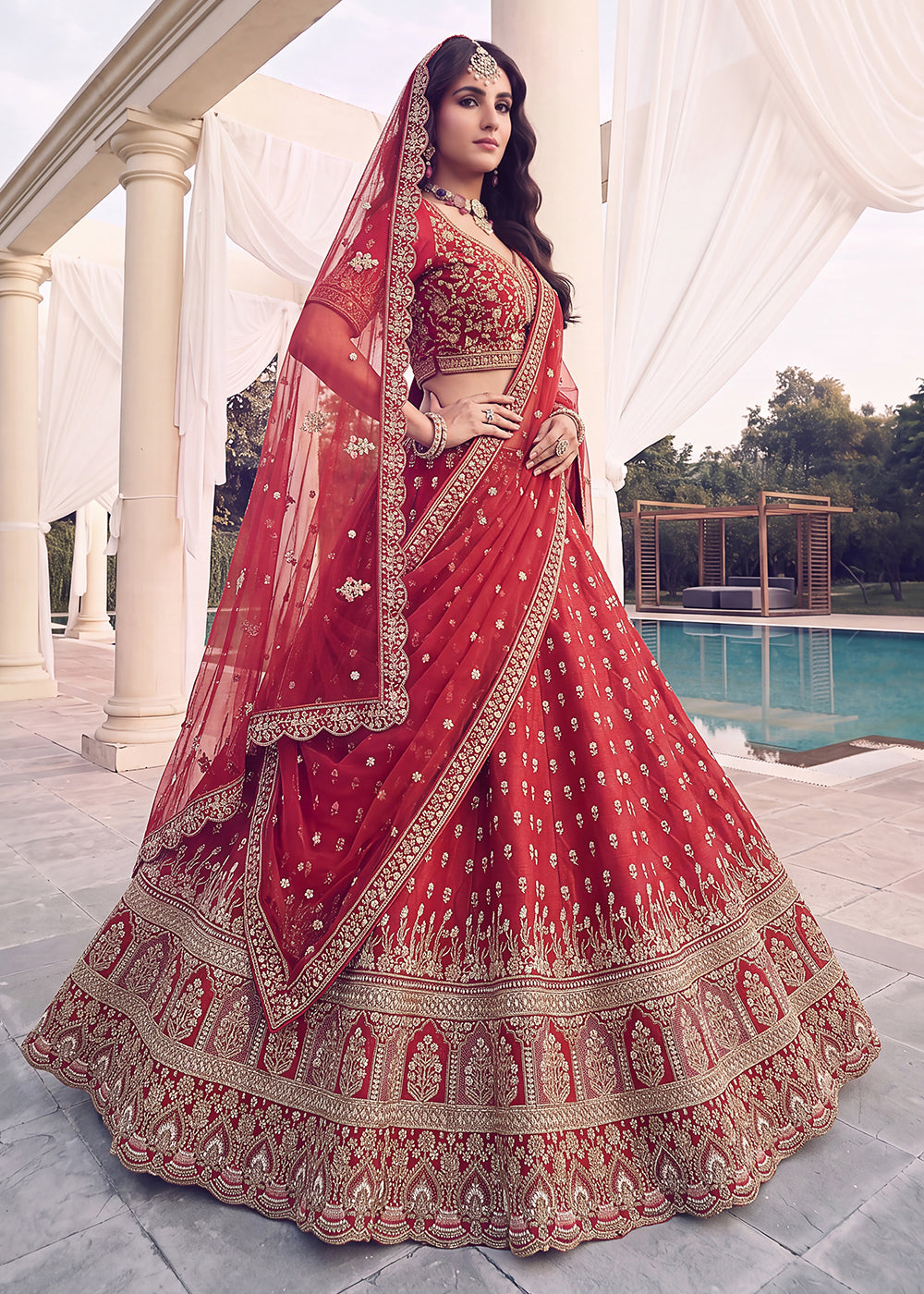 Buy Now Rani Red Bridal Zari Embroidered Designer Lehenga Choli Online in US, UK, Canada, France, Italy, Germany, Sweden, Denmark, UAE &amp; Worldwide at Empress.