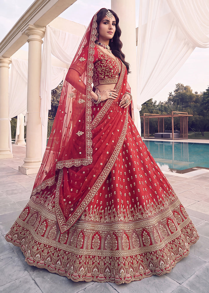 Buy Now Rani Red Bridal Zari Embroidered Designer Lehenga Choli Online in US, UK, Canada, France, Italy, Germany, Sweden, Denmark, UAE &amp; Worldwide at Empress.