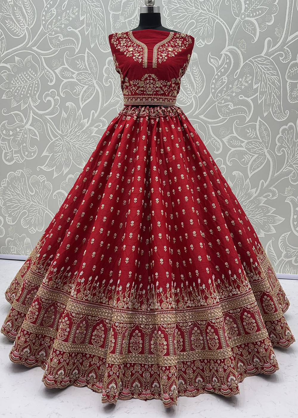 Buy Now Rani Red Bridal Zari Embroidered Designer Lehenga Choli Online in US, UK, Canada, France, Italy, Germany, Sweden, Denmark, UAE &amp; Worldwide at Empress.