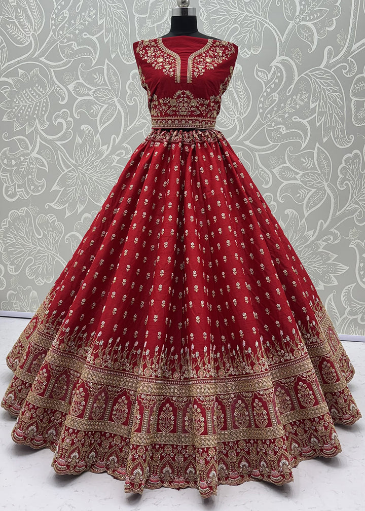 Buy Now Rani Red Bridal Zari Embroidered Designer Lehenga Choli Online in US, UK, Canada, France, Italy, Germany, Sweden, Denmark, UAE &amp; Worldwide at Empress.