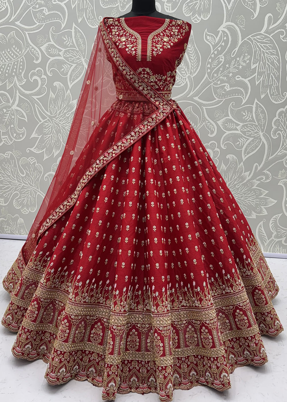 Buy Now Rani Red Bridal Zari Embroidered Designer Lehenga Choli Online in US, UK, Canada, France, Italy, Germany, Sweden, Denmark, UAE &amp; Worldwide at Empress.