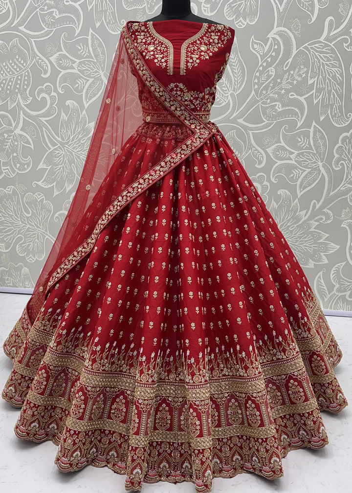 Buy Now Rani Red Bridal Zari Embroidered Designer Lehenga Choli Online in US, UK, Canada, France, Italy, Germany, Sweden, Denmark, UAE &amp; Worldwide at Empress.
