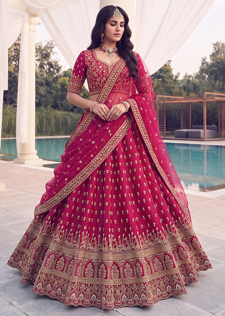 Buy Now Rani Pink Bridal Zari Embroidered Designer Lehenga Choli Online in US, UK, Canada, France, Italy, Germany, Sweden, Denmark, UAE &amp; Worldwide at Empress.
