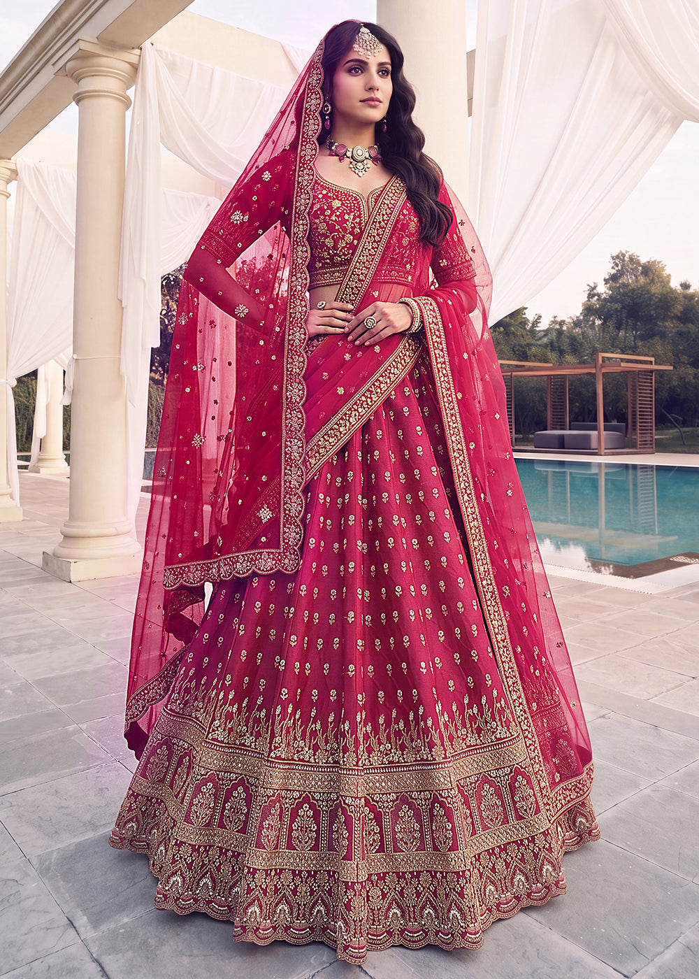 Buy Now Rani Pink Bridal Zari Embroidered Designer Lehenga Choli Online in US, UK, Canada, France, Italy, Germany, Sweden, Denmark, UAE &amp; Worldwide at Empress.
