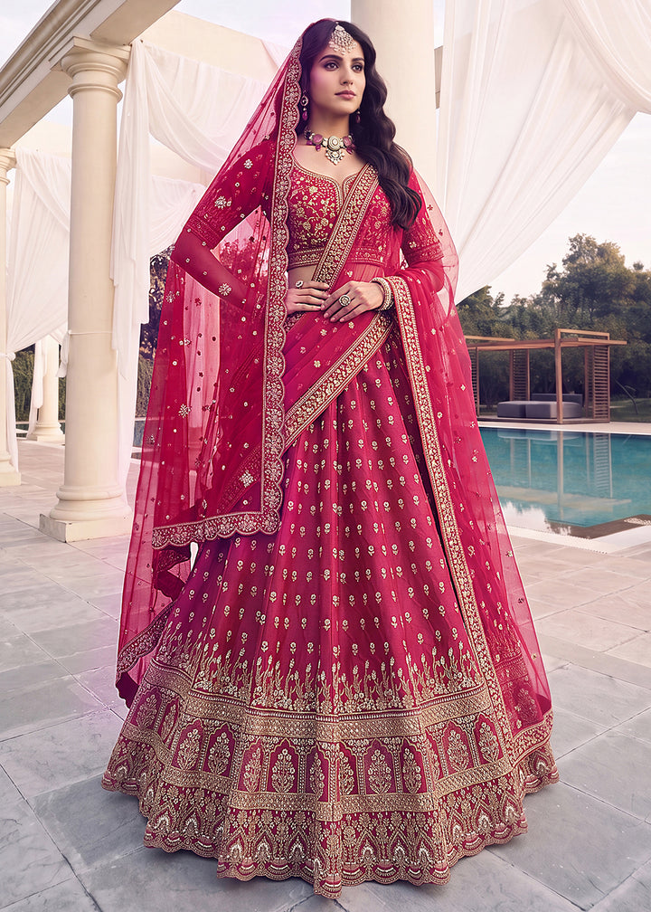 Buy Now Rani Pink Bridal Zari Embroidered Designer Lehenga Choli Online in US, UK, Canada, France, Italy, Germany, Sweden, Denmark, UAE &amp; Worldwide at Empress.