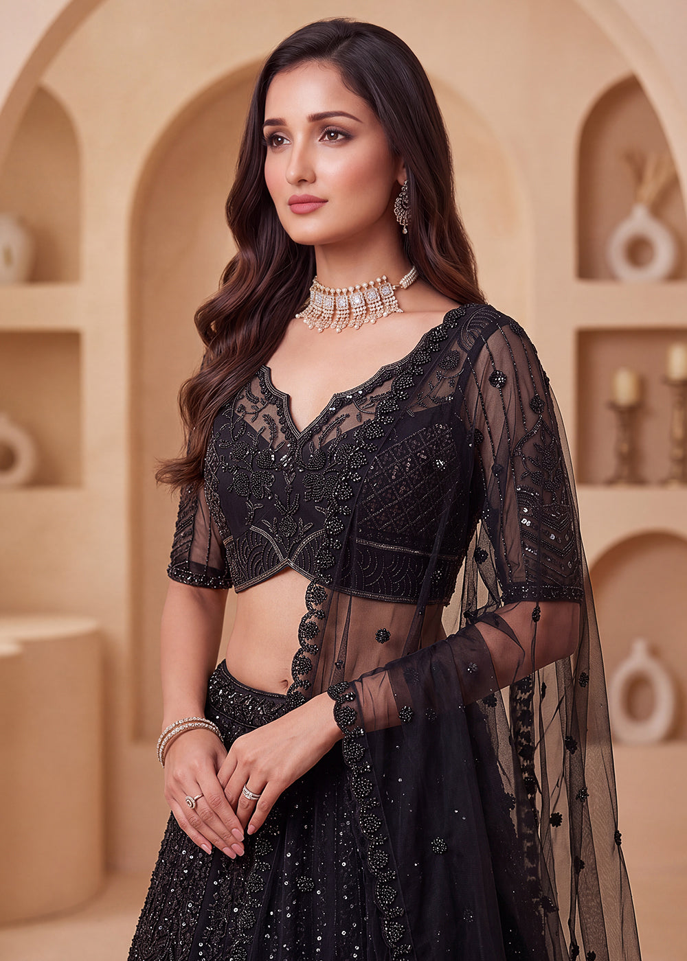 Buy Now Black Color Threads &amp; Sequins Designer Lehenga Choli Online in US, UK, Canada, France, Italy, Germany, Sweden, Austria, UAE &amp; Worldwide at Empress.