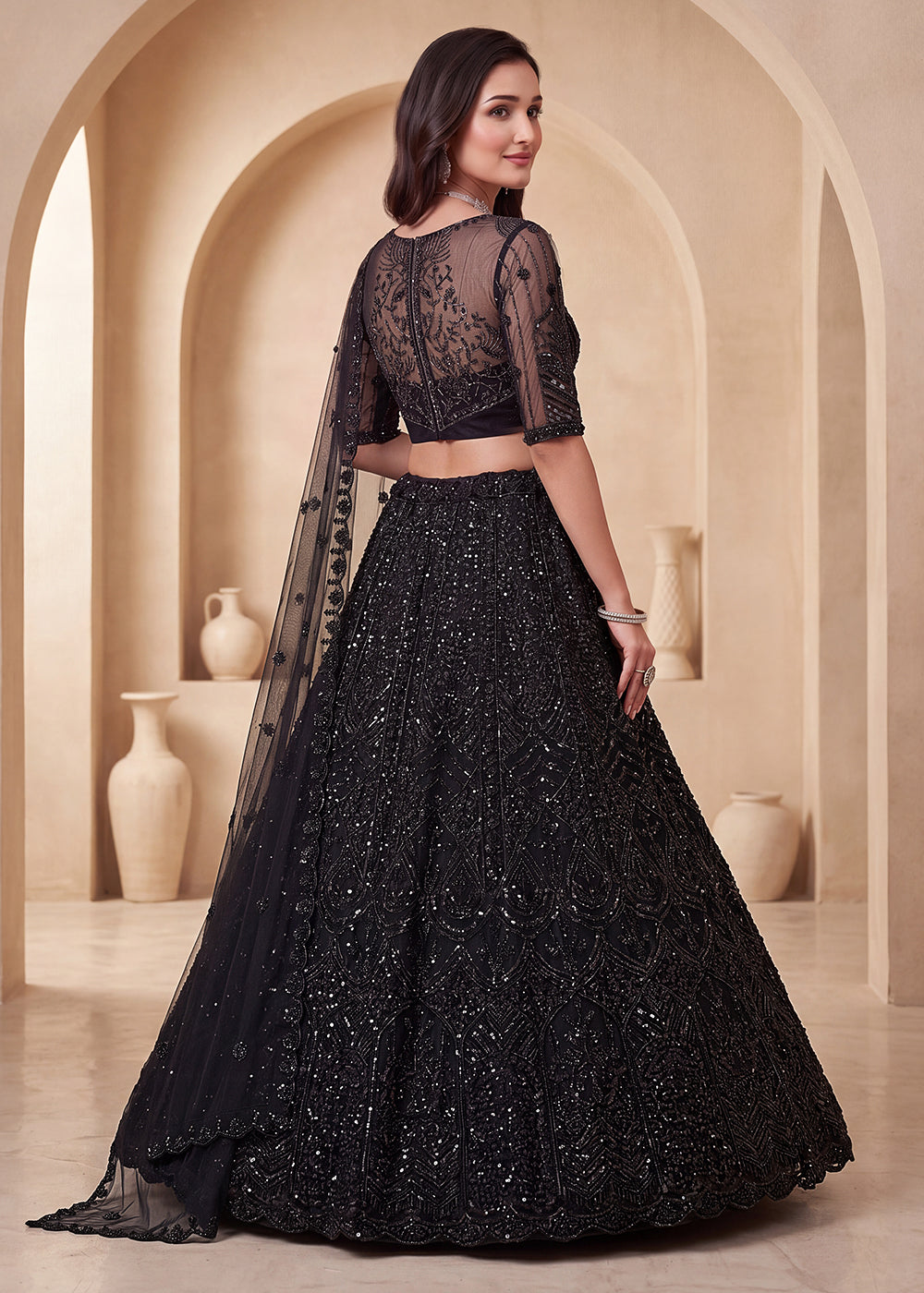 Buy Now Black Color Threads &amp; Sequins Designer Lehenga Choli Online in US, UK, Canada, France, Italy, Germany, Sweden, Austria, UAE &amp; Worldwide at Empress.