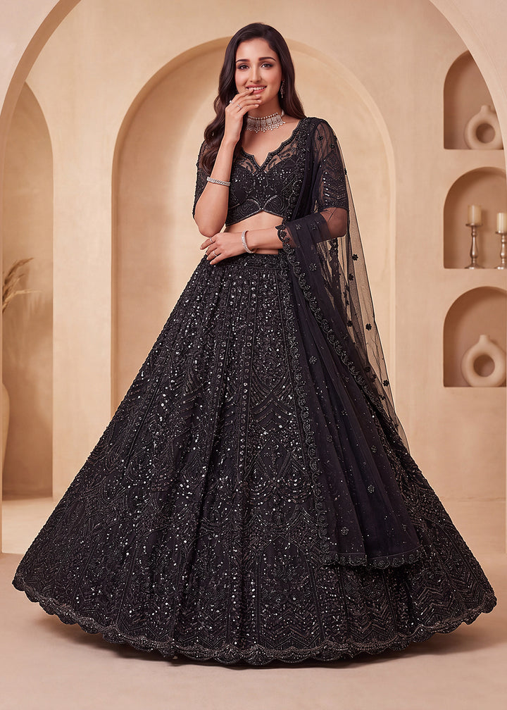 Buy Now Black Color Threads &amp; Sequins Designer Lehenga Choli Online in US, UK, Canada, France, Italy, Germany, Sweden, Austria, UAE &amp; Worldwide at Empress.