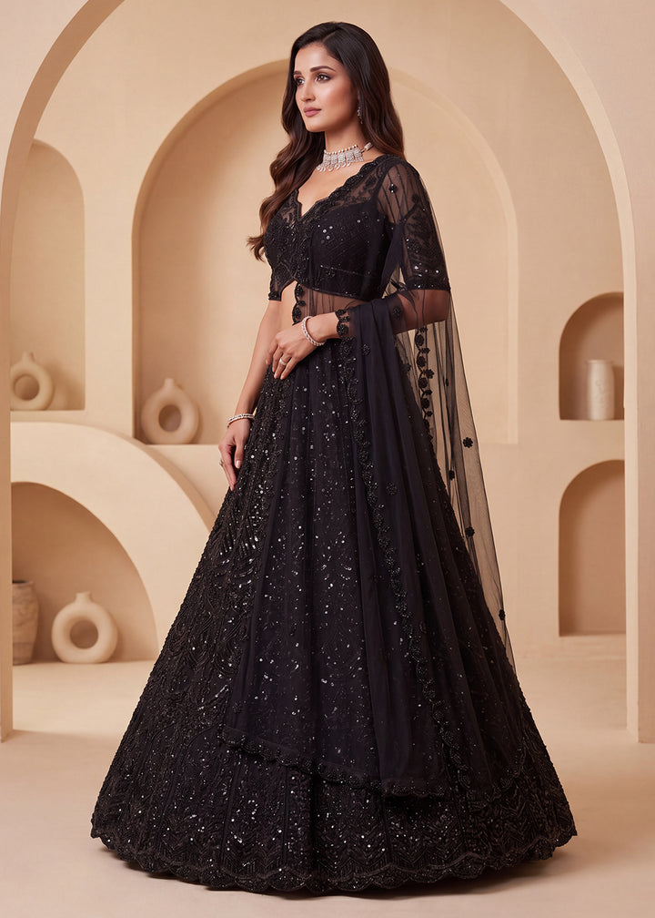 Buy Now Black Color Threads &amp; Sequins Designer Lehenga Choli Online in US, UK, Canada, France, Italy, Germany, Sweden, Austria, UAE &amp; Worldwide at Empress.