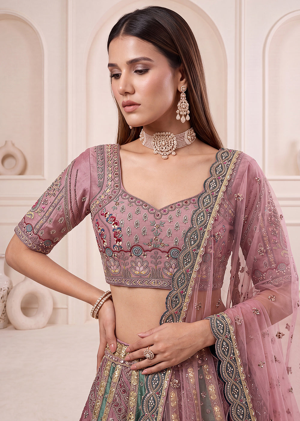 Buy Now Designer Pink Multicolor Embroidered Reception Lehenga Choli Online in US, UK, Canada, France, Italy, Germany, Sweden, Denmark &amp; Worldwide at Empress.