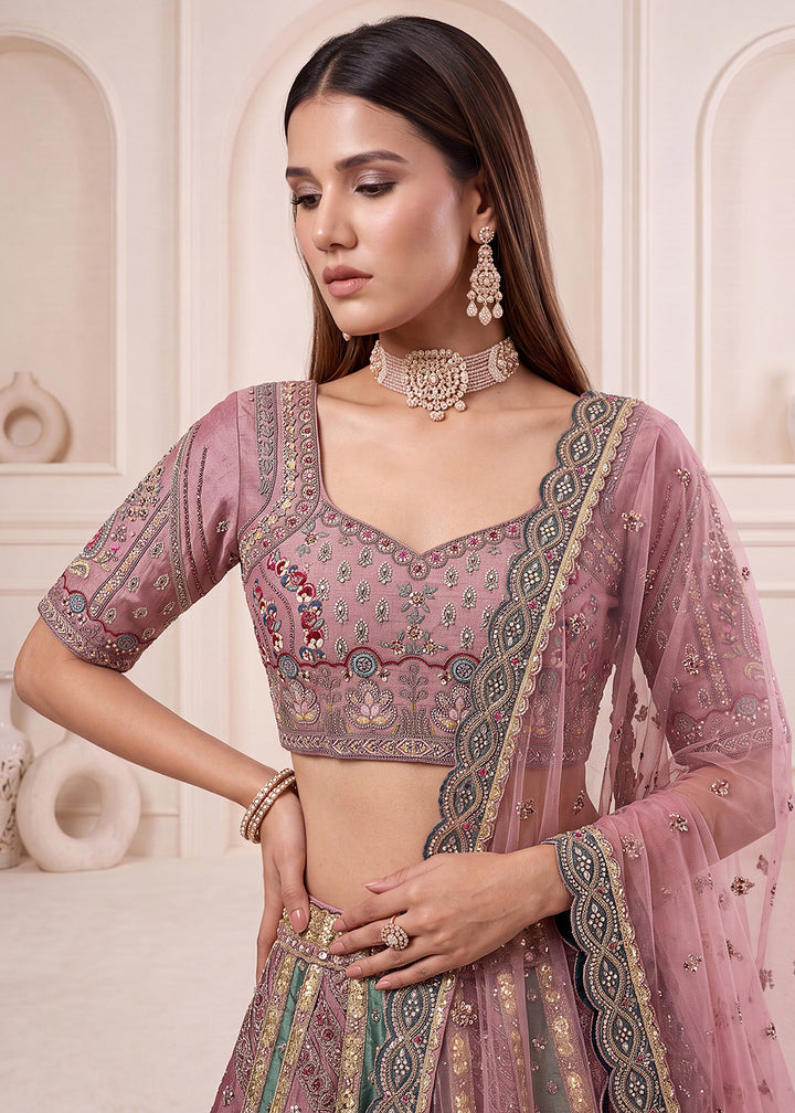 Buy Now Designer Pink Multicolor Embroidered Reception Lehenga Choli Online in US, UK, Canada, France, Italy, Germany, Sweden, Denmark &amp; Worldwide at Empress.