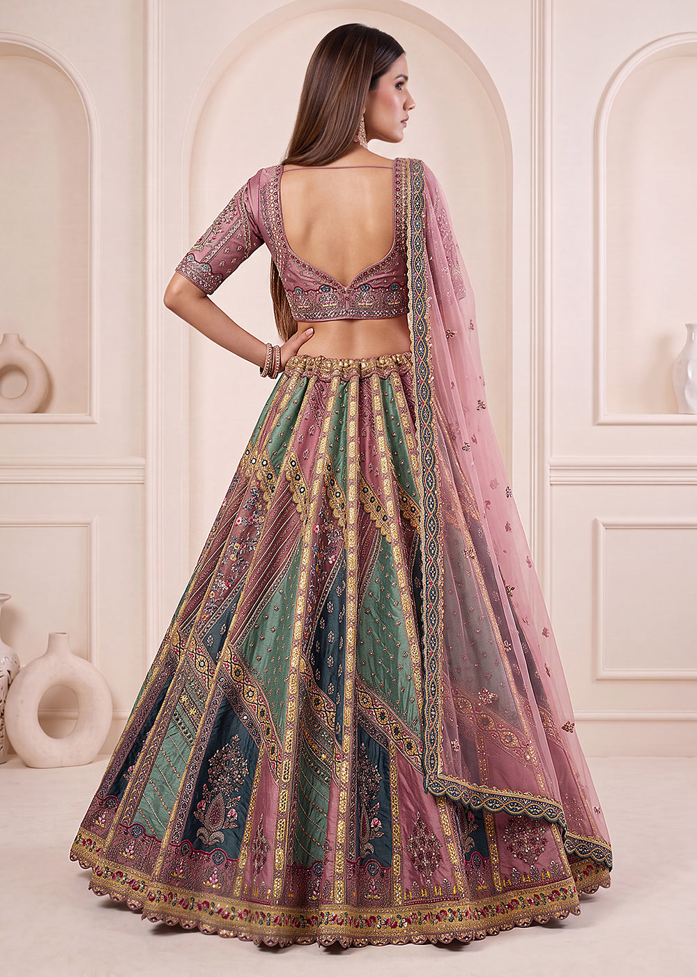 Buy Now Designer Pink Multicolor Embroidered Reception Lehenga Choli Online in US, UK, Canada, France, Italy, Germany, Sweden, Denmark &amp; Worldwide at Empress.