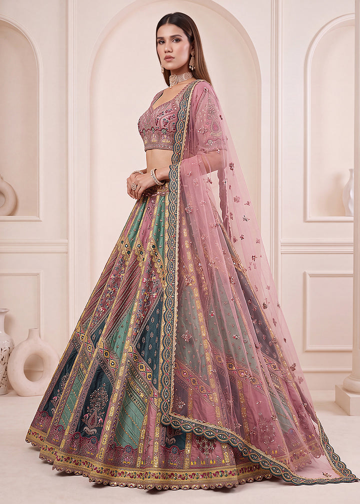 Buy Now Designer Pink Multicolor Embroidered Reception Lehenga Choli Online in US, UK, Canada, France, Italy, Germany, Sweden, Denmark &amp; Worldwide at Empress.