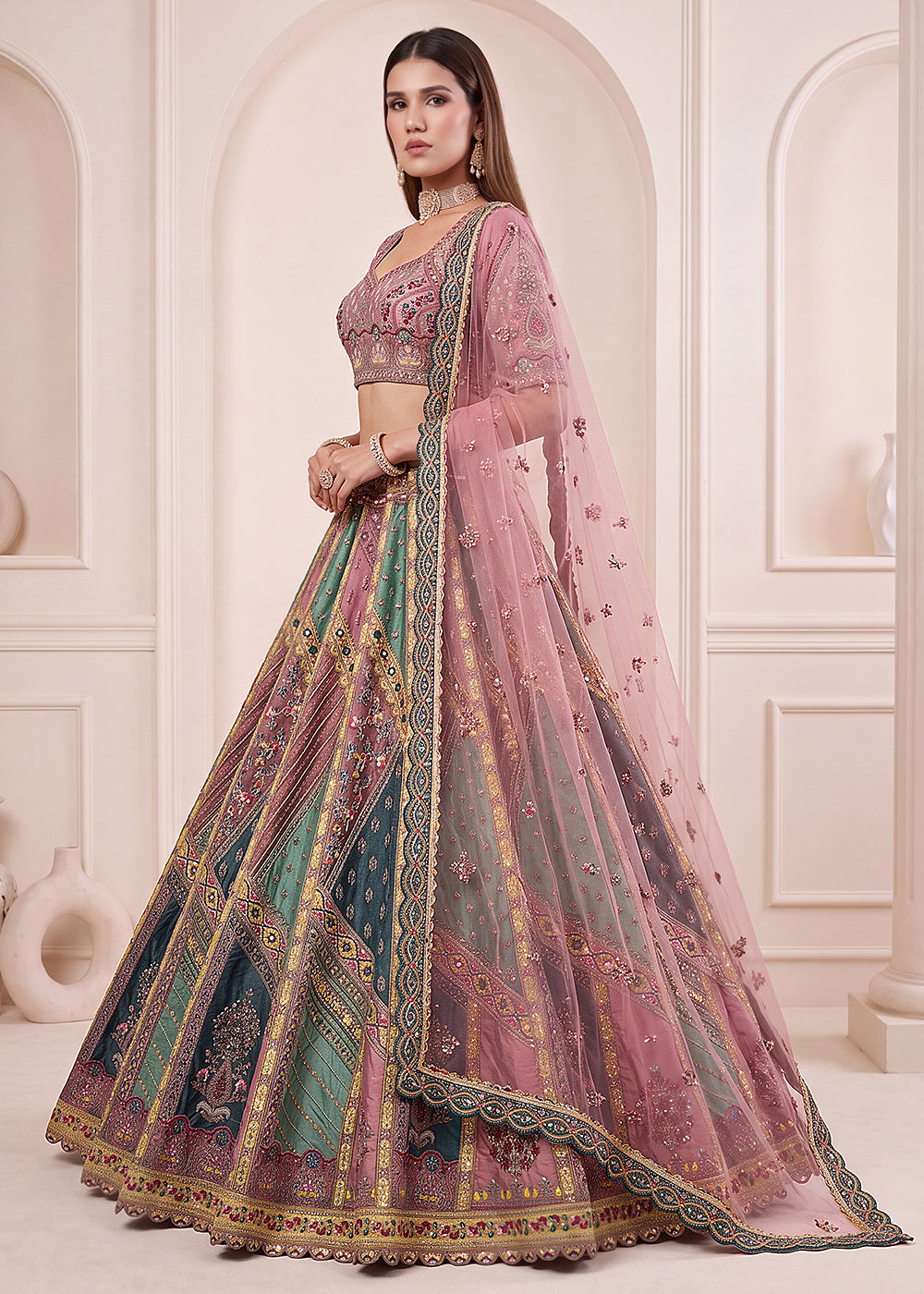 Buy Now Multi Firozi Premium Heavy Embroidered Bridal Lehanga Choli Online in US, UK, Canada, France, Italy, Germany, Sweden, Austria &amp; Worldwide at Empress.