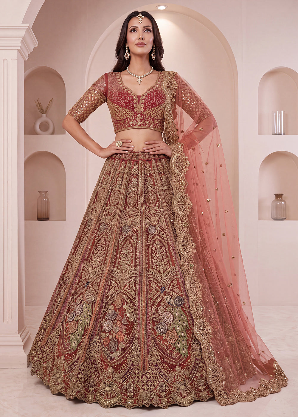 Buy Now Peach Premium Heavy Embroidered Bridal Lehanga Choli Online in US, UK, Canada, France, Italy, Germany, Sweden, Austria, UAE &amp; Worldwide at Empress.