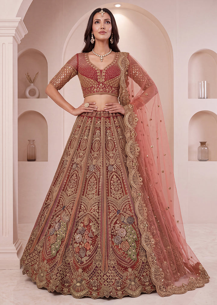 Buy Now Peach Premium Heavy Embroidered Bridal Lehanga Choli Online in US, UK, Canada, France, Italy, Germany, Sweden, Austria, UAE &amp; Worldwide at Empress.