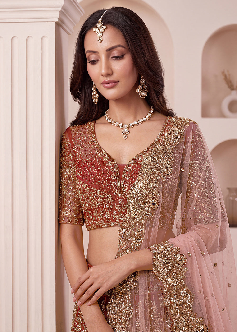 Buy Now Peach Premium Heavy Embroidered Bridal Lehanga Choli Online in US, UK, Canada, France, Italy, Germany, Sweden, Austria, UAE &amp; Worldwide at Empress.