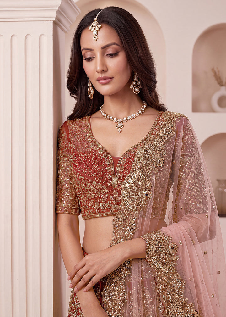 Buy Now Peach Premium Heavy Embroidered Bridal Lehanga Choli Online in US, UK, Canada, France, Italy, Germany, Sweden, Austria, UAE &amp; Worldwide at Empress.