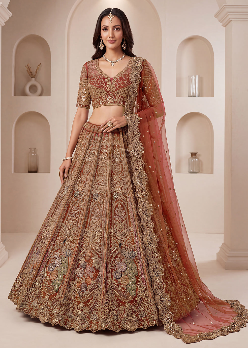 Buy Now Peach Premium Heavy Embroidered Bridal Lehanga Choli Online in US, UK, Canada, France, Italy, Germany, Sweden, Austria, UAE &amp; Worldwide at Empress.
