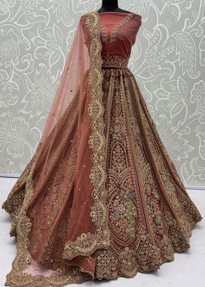 Buy Now Peach Premium Heavy Embroidered Bridal Lehanga Choli Online in US, UK, Canada, France, Italy, Germany, Sweden, Austria, UAE &amp; Worldwide at Empress.