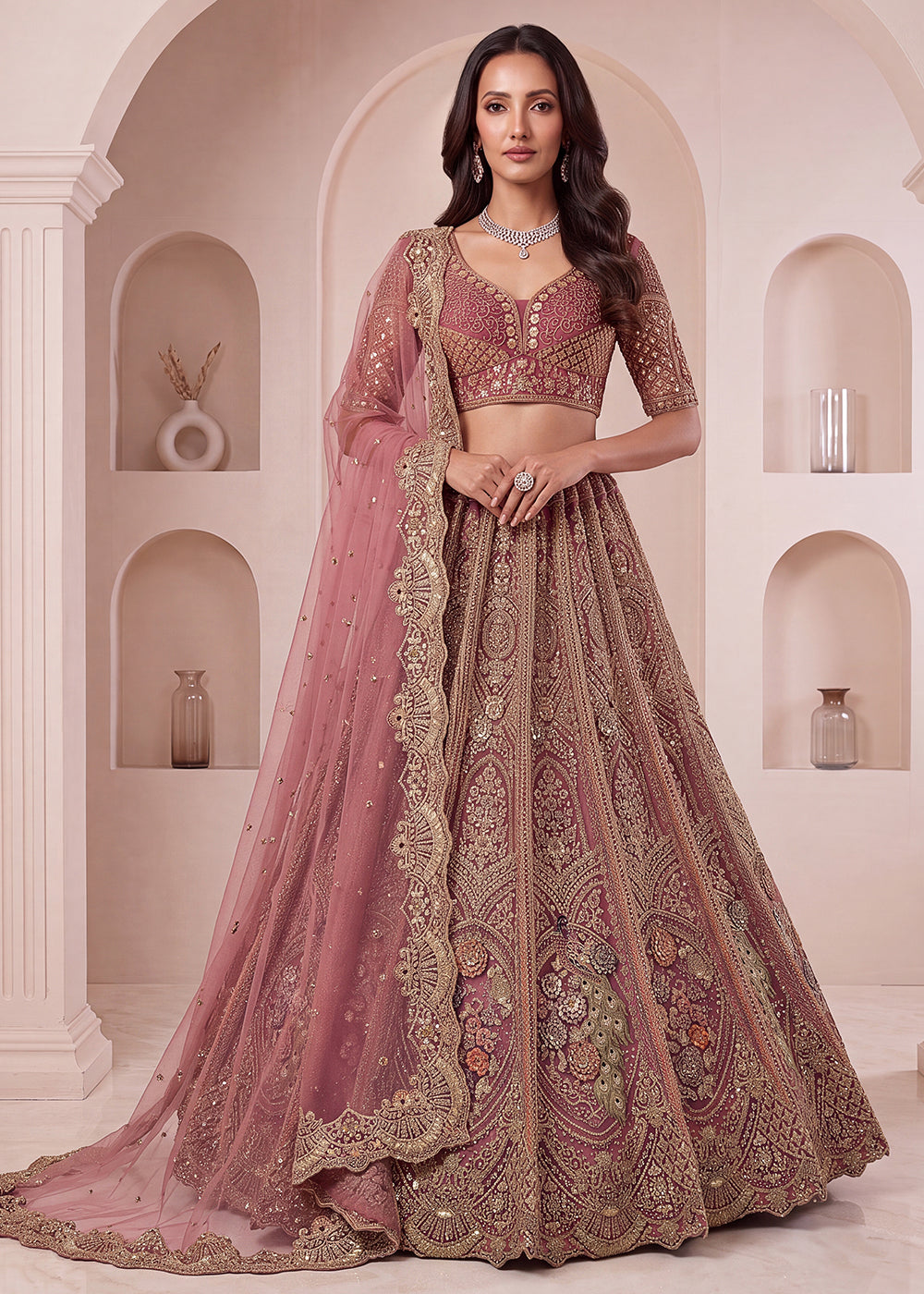 Buy Now Pink Premium Heavy Embroidered Bridal Lehanga Choli Online in US, UK, Canada, France, Italy, Germany, Sweden, Austria, UAE &amp; Worldwide at Empress.