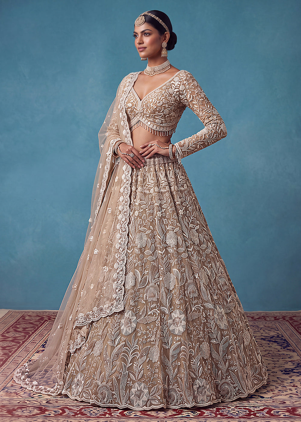 Buy Now Extraordinary Golden Flared Hand-Embroidered Lehenga Choli Online in US, UK, Canada, France, Italy, Germany, Sweden, Denmark &amp; Worldwide at Empress.