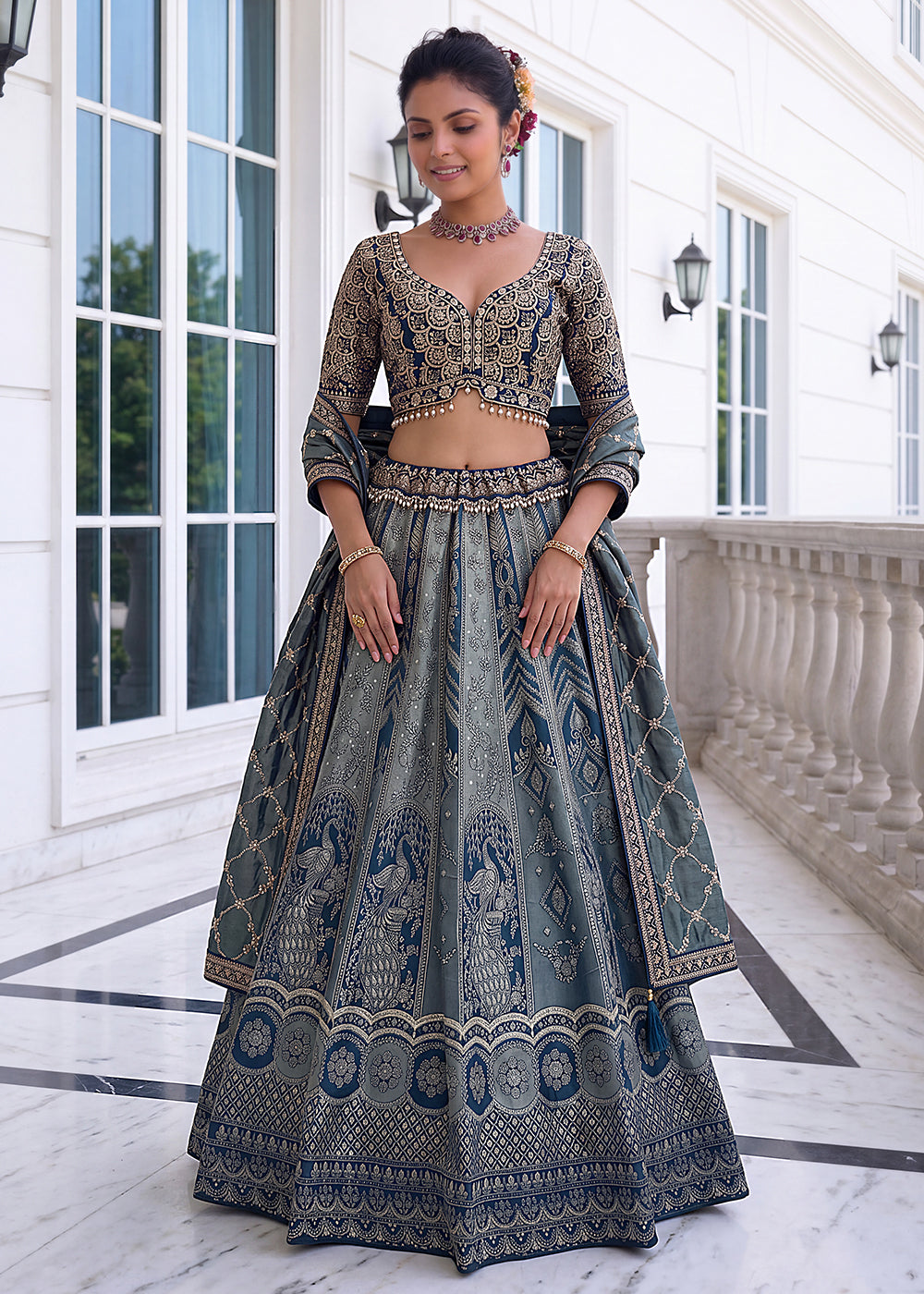 Buy Now Royal Blue Heavy Embroidered Bridesmaids Lehenga Choli Online in US, UK, Canada, France, Italy, Germany, Sweden, Denmark, UAE & Worldwide at Empress.