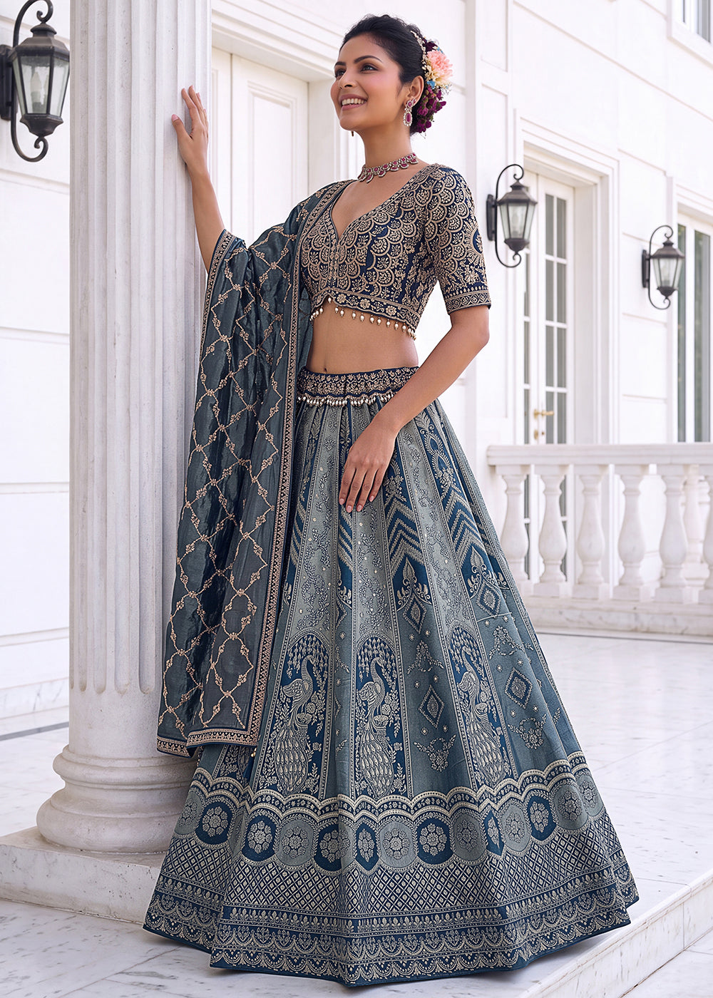 Buy Now Royal Blue Heavy Embroidered Bridesmaids Lehenga Choli Online in US, UK, Canada, France, Italy, Germany, Sweden, Denmark, UAE &amp; Worldwide at Empress.