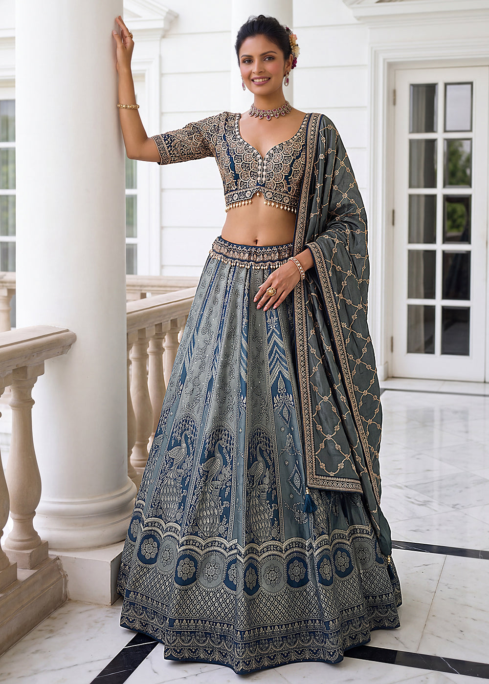 Buy Now Royal Blue Heavy Embroidered Bridesmaids Lehenga Choli Online in US, UK, Canada, France, Italy, Germany, Sweden, Denmark, UAE &amp; Worldwide at Empress.