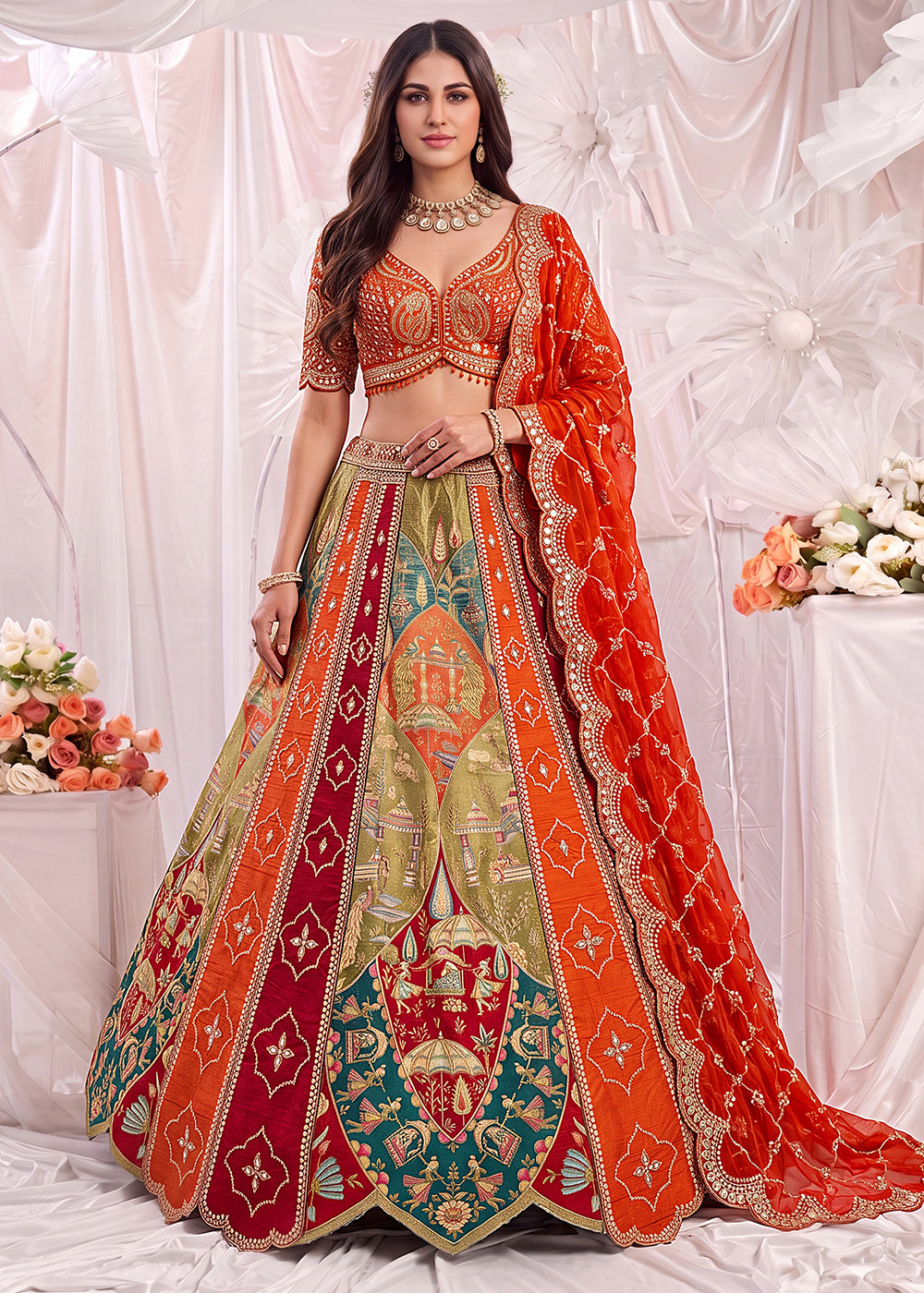 Buy Now Multi Orange Color Multi Thread Work Bridal Lehenga Choli Online in US, UK, Canada, France, Italy, Germany, Sweden, Austria, UAE &amp; Worldwide at Empress.