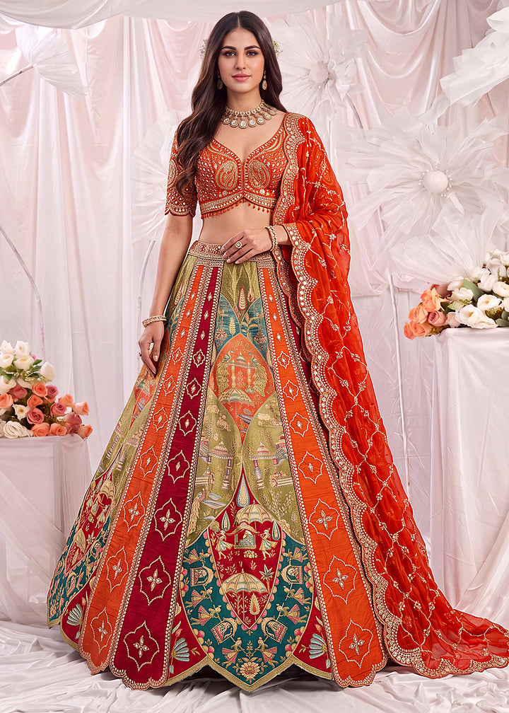 Buy Now Multi Orange Color Multi Thread Work Bridal Lehenga Choli Online in US, UK, Canada, France, Italy, Germany, Sweden, Austria, UAE &amp; Worldwide at Empress.